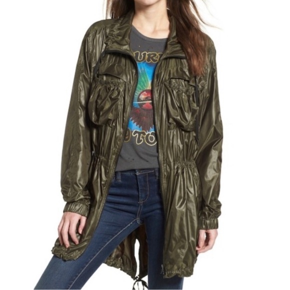 BLANK NYC Olive Green Lightweight Utility Packable Rain Jacket Oversized Size XS - Picture 1 of 13